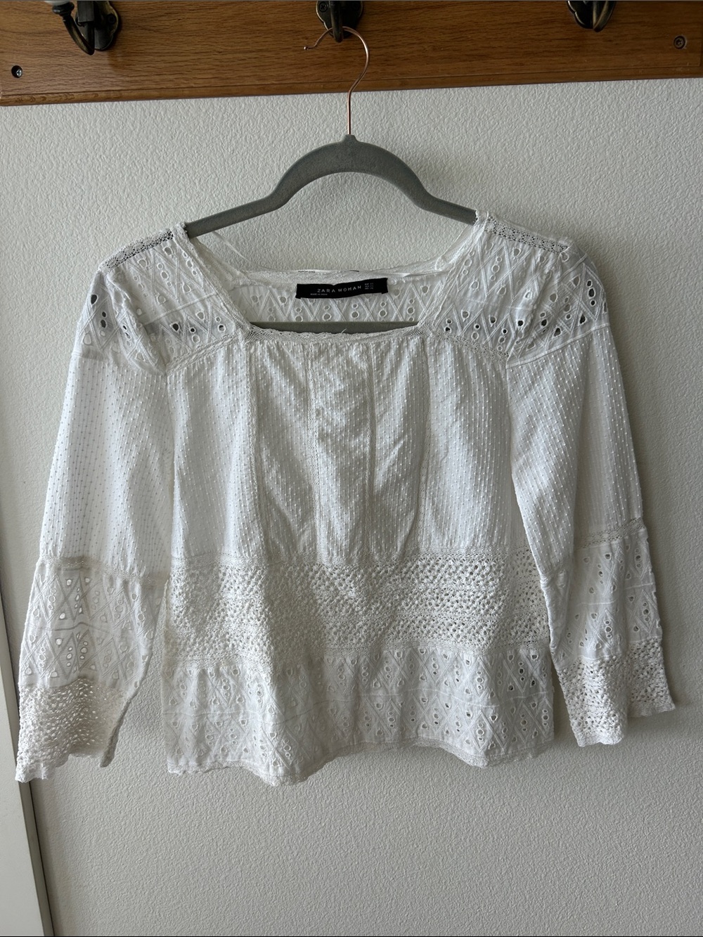 Zara White Eyelet Peasant Blouse